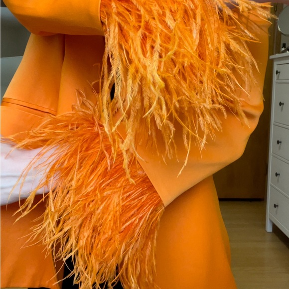 Orange Satin Zara blazer with feather trim wrists. - Picture 4 of 5